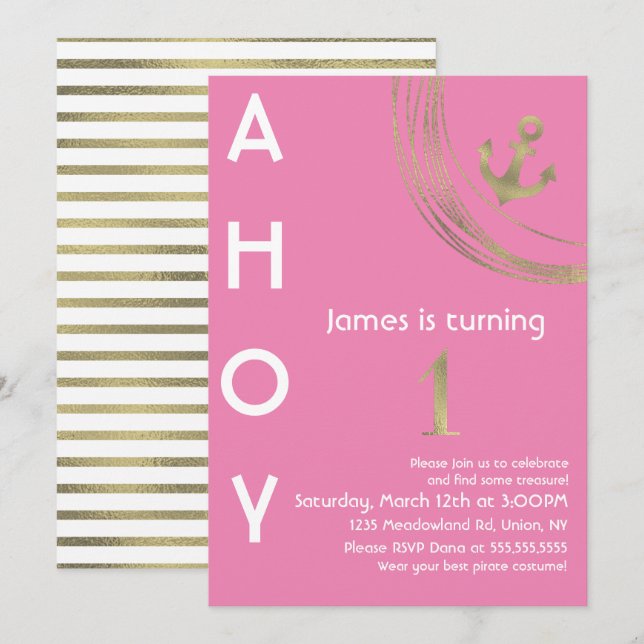 Convites Ancoragem Dourada Faux Pirata primeiro aniversario (Frente/Verso)