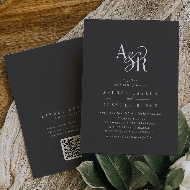 Convites ANDREA Código QR Cinzas Academia Dark Iniciais Cas (ANDREA QR Code Gray Dark Academia Initials Wedding Invitation)