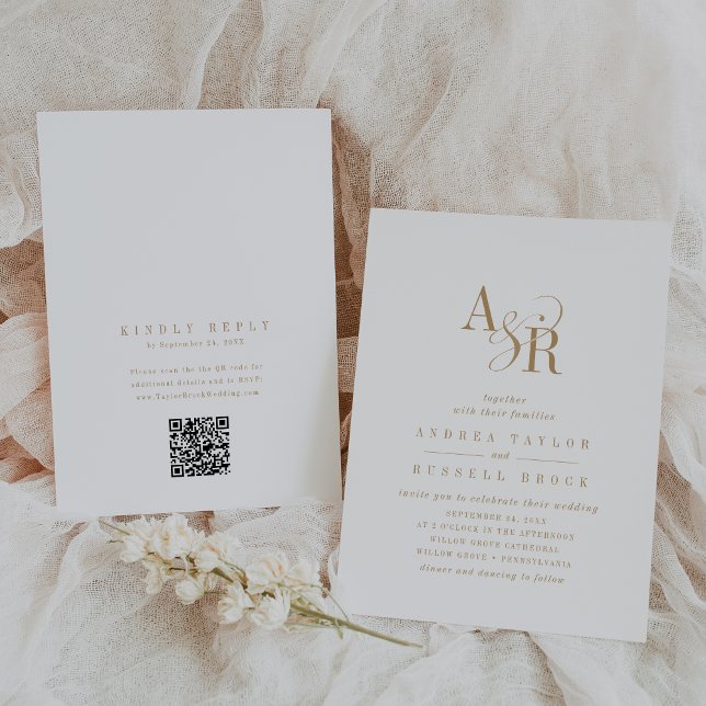 Convites ANDREA Código QR Iniciais Brancos Dourados Clássic (ANDREA QR Code Classic Gold White Initials Wedding Invitation)
