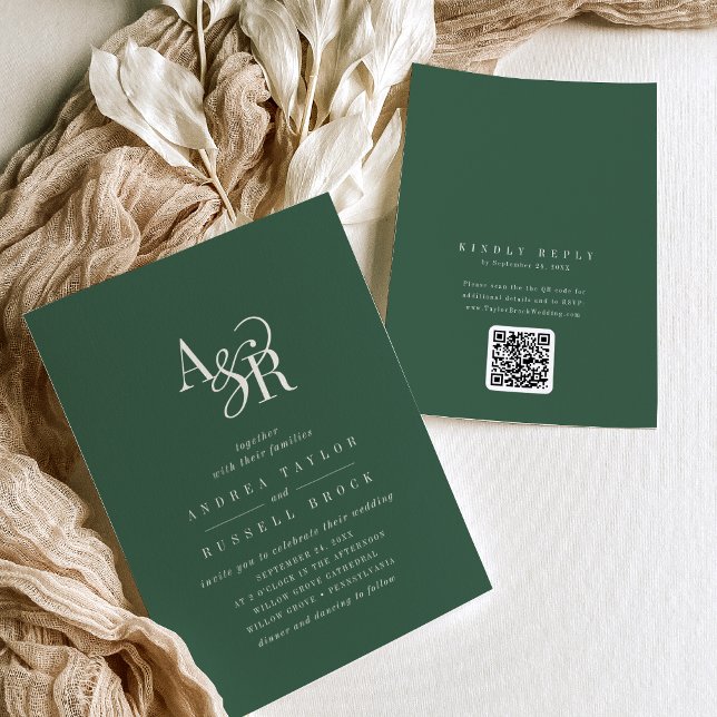 Convites ANDREA Dark Green QR Code Classic Elegant Wedding (ANDREA Dark Green QR Code Classic Elegant Wedding Invitation)
