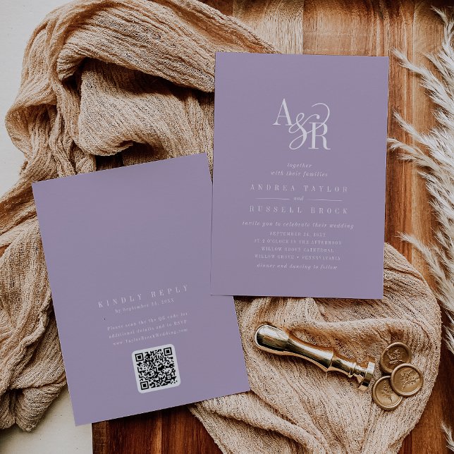 Convites ANDREA Lavender QR Code Classic Elegant Wedding (ANDREA Lavender QR Code Classic Elegant Wedding Invitation)
