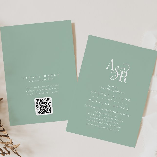 Convites ANDREA Sage Green QR Code Classic Elegant Wedding (ANDREA Sage Green QR Code Classic Elegant Wedding Invitation)