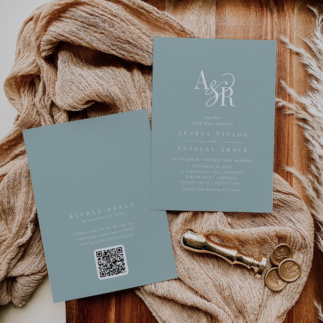 Convites ANDREA Teal Blue QR Code Classic Elegant Wedding (ANDREA Teal Blue QR Code Classic Elegant Wedding Invitation)