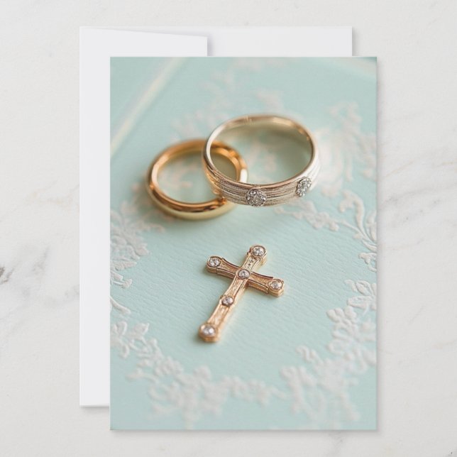 Convites Anéis de casamento de ouro rosa e cruz (Frente)