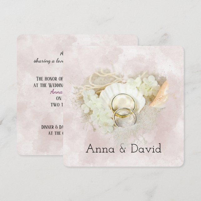 Convites Anéis de Casamento na praia de Seashell Heart (Frente/Verso)