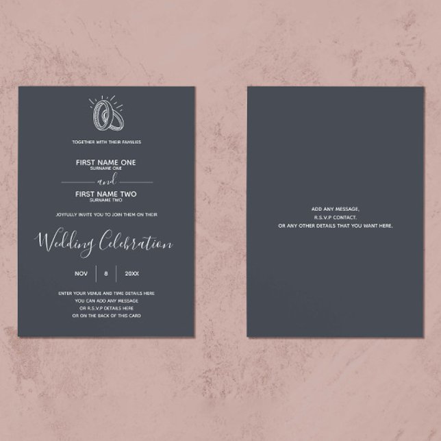 Convites Anéis de casamentos fundo escuro elegante (Contemporary wedding invitation, featuring an elegant script and run drawn wedding rings)