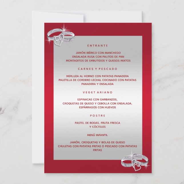 Convites Anéis De Noiva, De Prata E Vermelho Menu (Verso)