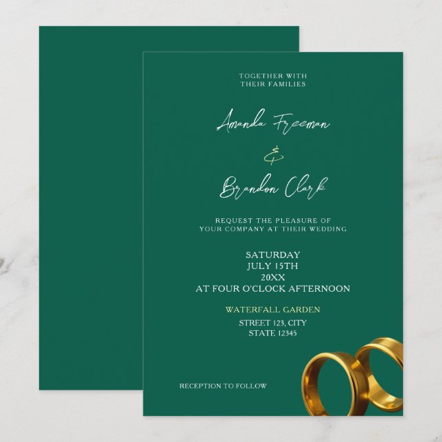 Convites Anéis de Noiva Esmeralda Verde Dourado (Frente/Verso)