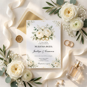 Convites Anéis de Noiva Florais Brancos e Dourados Elegante