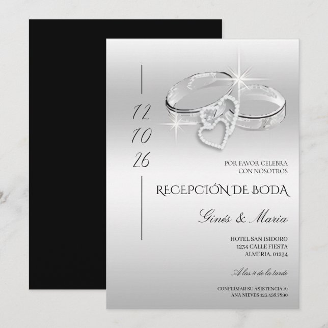 Convites Anéis de Noiva Glitzy Prata Recepção Espanhola (Frente/Verso)