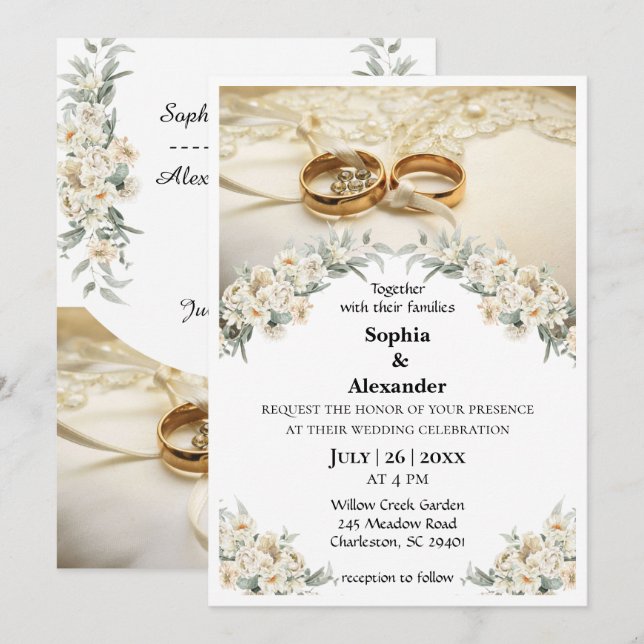 Convites Anéis de Ouro Elegantes e Casamento Floral Verde S (Frente/Verso)