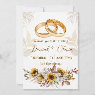 Convites Anéis de Ouro Elegantes Girassol Aquarela Casament