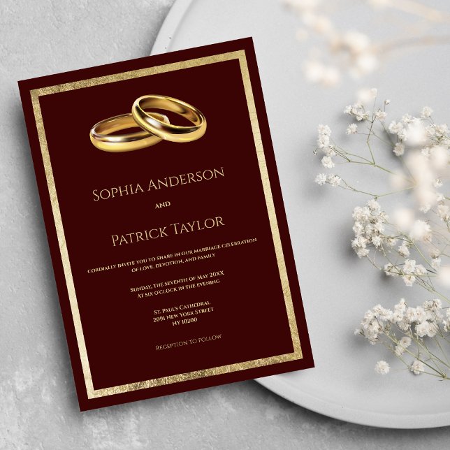 Convites Anéis de ouro simples e elegante (Simple elegant burgundy gold rings Wedding )