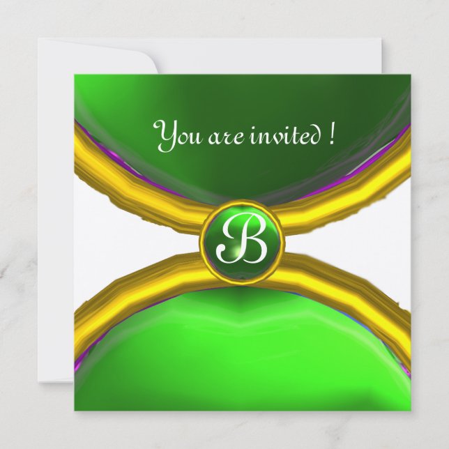 Convites ANÉIS MÁGICOS, MONOGRAMA gema champanhe verde (Frente)