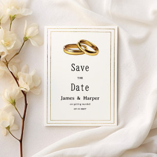 Convites Anéis simples e elegantes de branco e dourado Save