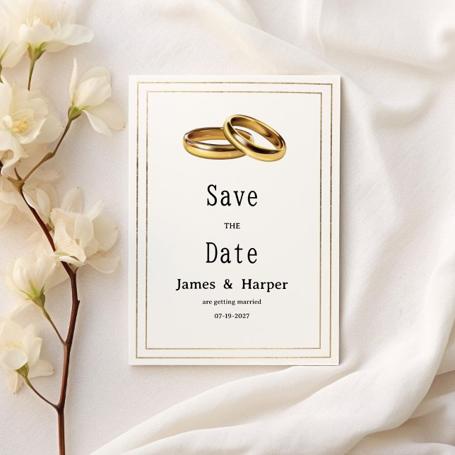 Convites Anéis simples e elegantes de branco e dourado Save (Simple elegant white and gold rings Save the Date )