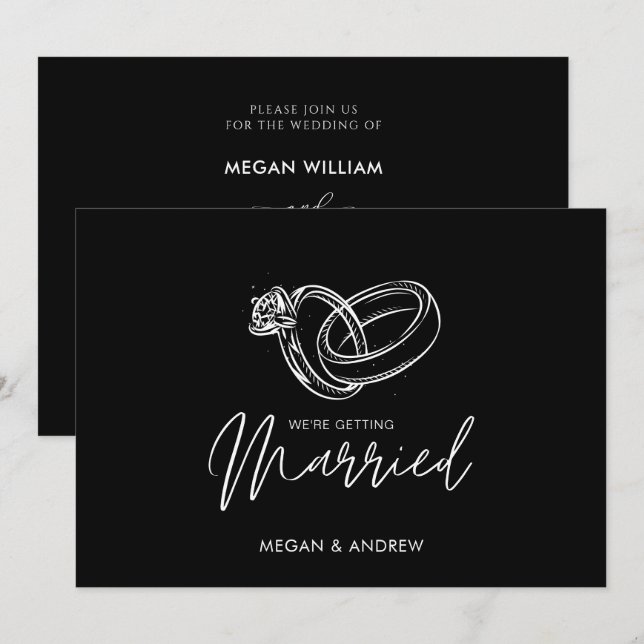 Convites Anel de casamento moderno preto e branco (Frente/Verso)