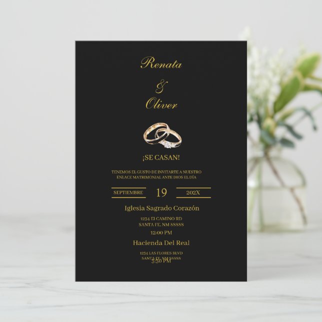 Convites Anel de casamento tema preto Casamento Espanhol (Em pé/Frente)