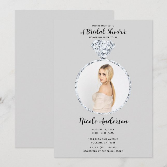 Convites Anel de Noivado e Casamento Grey Diamond Presente  (Frente/Verso)