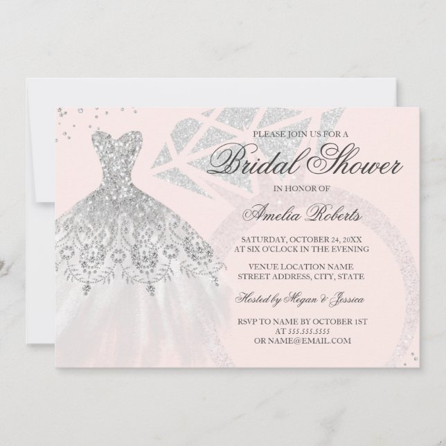Convites Anel de Vestido com Brilho em Rosa Dourado para Ch (Frente)