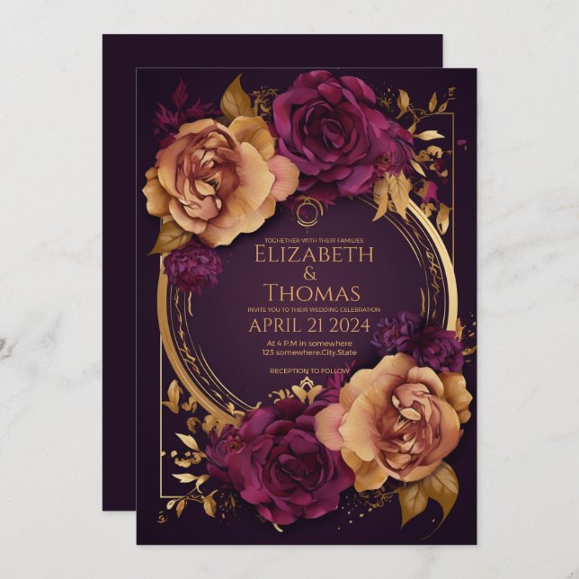 Convites Anel ouro com Rosa Roxo Escuro e Açúcar Marrom (Frente/Verso)