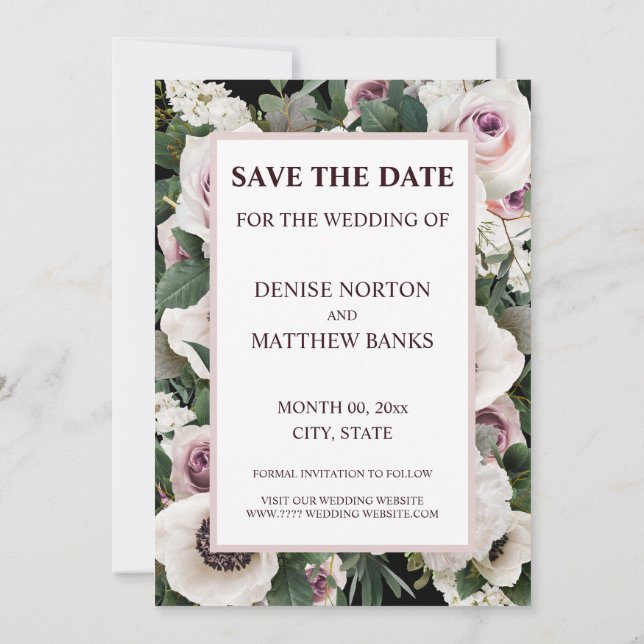 Convites Anêmona Branca em Preto Verdadeiro Salve A Data In (Verso)