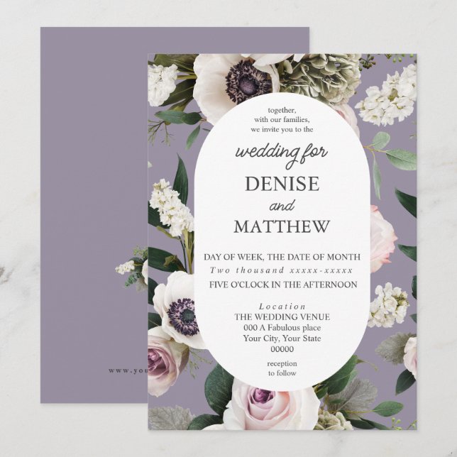 Convites Anêmona Branca na Casamento de Cinzas Lavandas (Frente/Verso)