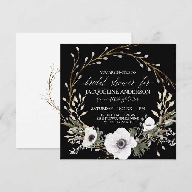 Convites Anêmona branca negra Eucalyptus verde-caldeira-bri (Frente/Verso)