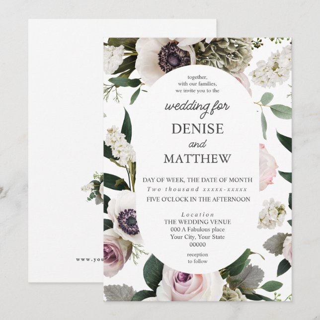 Convites Anêmona Branca no Casamento Branco Brilhante (Frente/Verso)