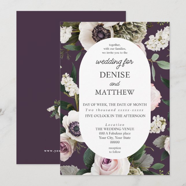 Convites Anêmona Branca no Casamento de Plum à Meia-noite (Frente/Verso)