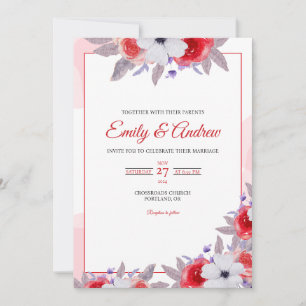 Convites Anêmona Elegante Rosa Vermelha Aquarela Casamento