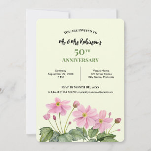 Convites Anêmona Japonesa Rosa Aquarela de 50º Aniversário