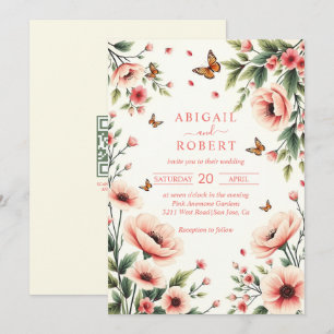Convites Anêmona rosa, borboletas floral borda casamento