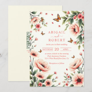 Convites Anêmona rosa, borboletas floral borda casamento