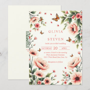 Convites Anêmona rosa, borboletas floral borda casamento