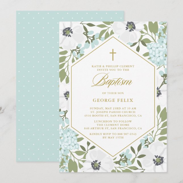 Convites Anêmonas brancas Blue Floral Baby Boy Baptism (Frente/Verso)