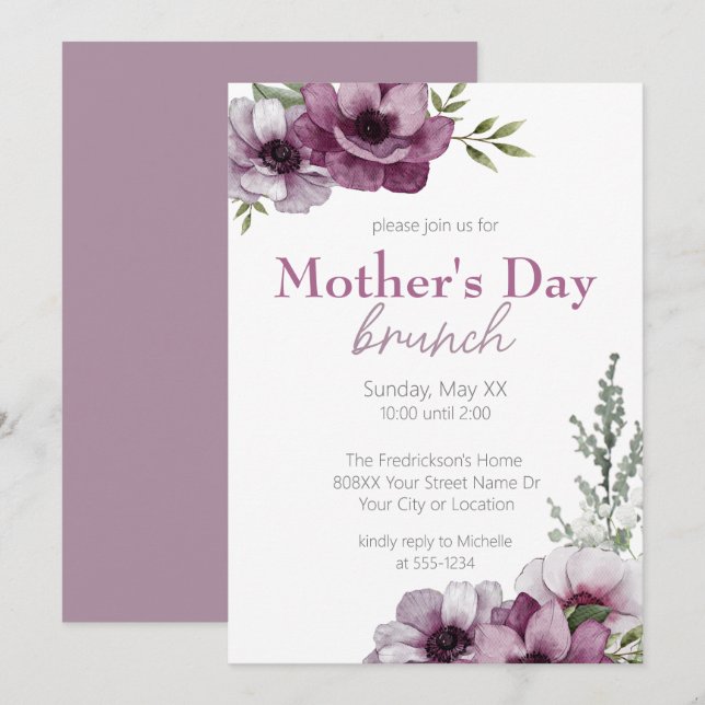 Convites Anêmonas e Respiro de Bebê Brunch do Dia das Mães (Frente/Verso)