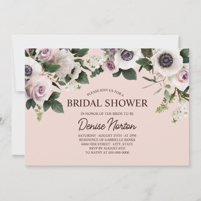 Convites Anemone branco no Chá de panela Rosa Blush (Frente)