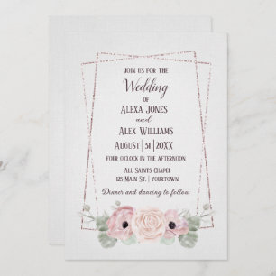 Convites Anemone Rosa de Casamento e Quadro Glitter