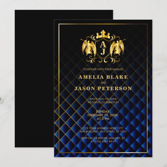 Convites Angel Crest | Casamento Dourado de Luxo Azul Azul (Frente/Verso)