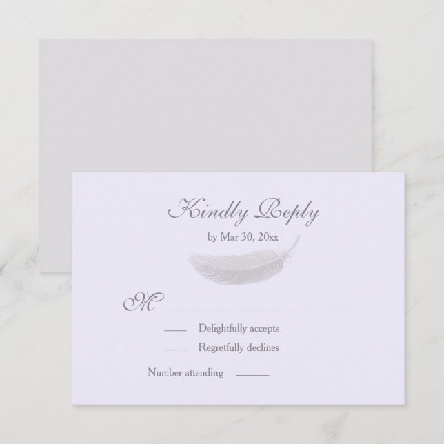 Convites Angel Feather Lilac Lavanda Cinza Casamento RSVP (Frente/Verso)