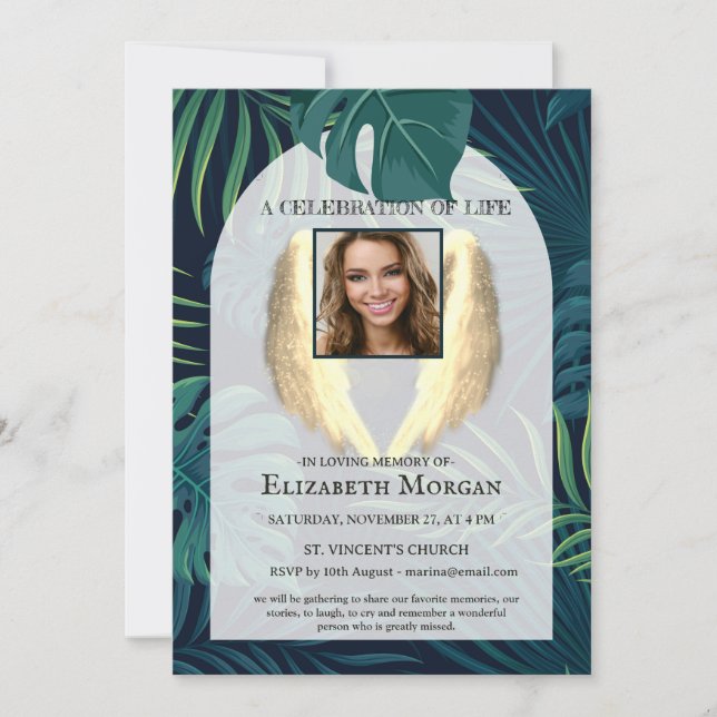 Convites Angel Wings Palm Leaves Photo Celebration Of Life (Frente)