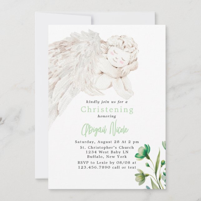 Convites Angel with Wings Green Floral Baptism  (Frente)