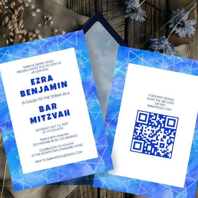 Convites Anilha Aquarela CÓDIGO QR Personalizado Bat Mitzva (Watercolor Swirls Custom QR CODE Bar Bat Mitzvah Invitation
)
