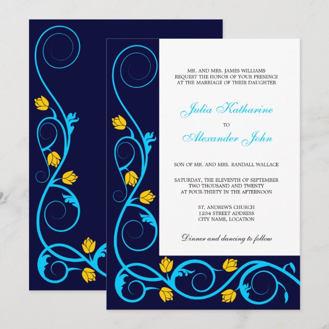 Convites Anilhas Elegantes de Azul Aqua e Amarelo (Frente/Verso)