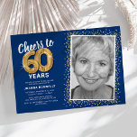 Convites Anima 60 Anos 60 Foto de Aniversário<br><div class="desc">Elegante convite de aniversário 60 com um fundo azul de tendência que pode ser mudado para qualquer cor,  uma foto da aniversariante / garoto,  brilho dourado,  sessenta balões de hélio de ouro,  e um moderno modelo de texto de celebração de 60 anos que é fácil de personalizar.</div>