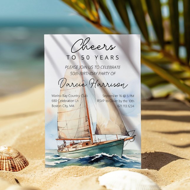 Convites Anima-se a 50 anos de Festa de aniversário de vele (Majestic Sailboat Birthday Party Invitation)