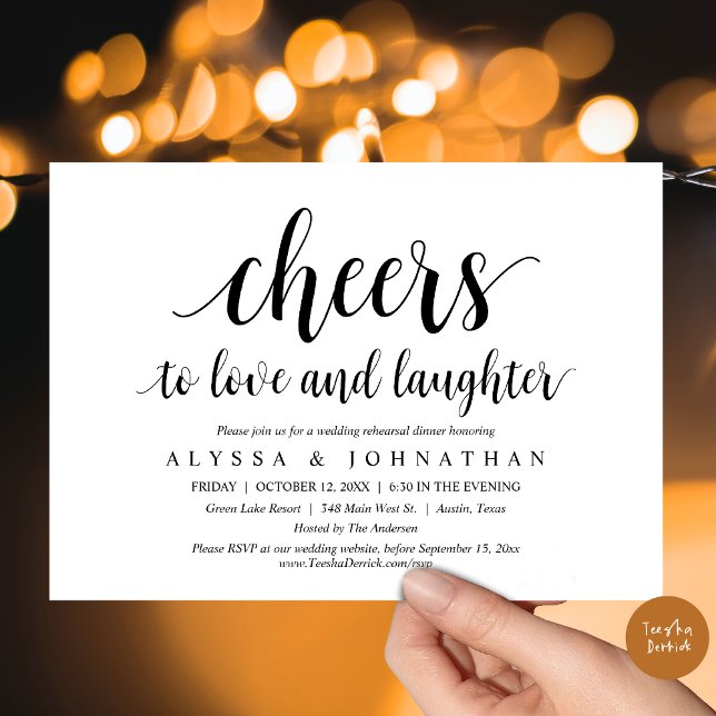 Convites Anima-te a amar e rir, ensaio de casamento (Cheers to love and laughter, Wedding Rehearsal Dinner Invitation Card, PDF, in Black and White)