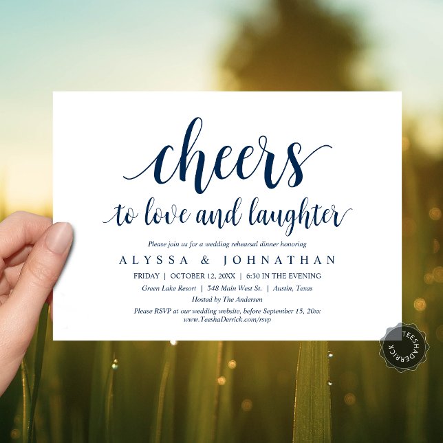 Convites Anima-te a amar e rir, ensaio de casamento (Cheers to love and laughter, Modern Wedding Rehearsal Dinner Invitation Card, PDF, Navy Blue)