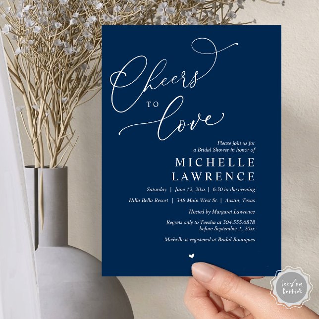 Convites Anima-te a amar, Partido Romântico do Chá de panel (Cheers to love, Romantic Bridal Shower Party Invitation Card, PDF, in Navy Blue)